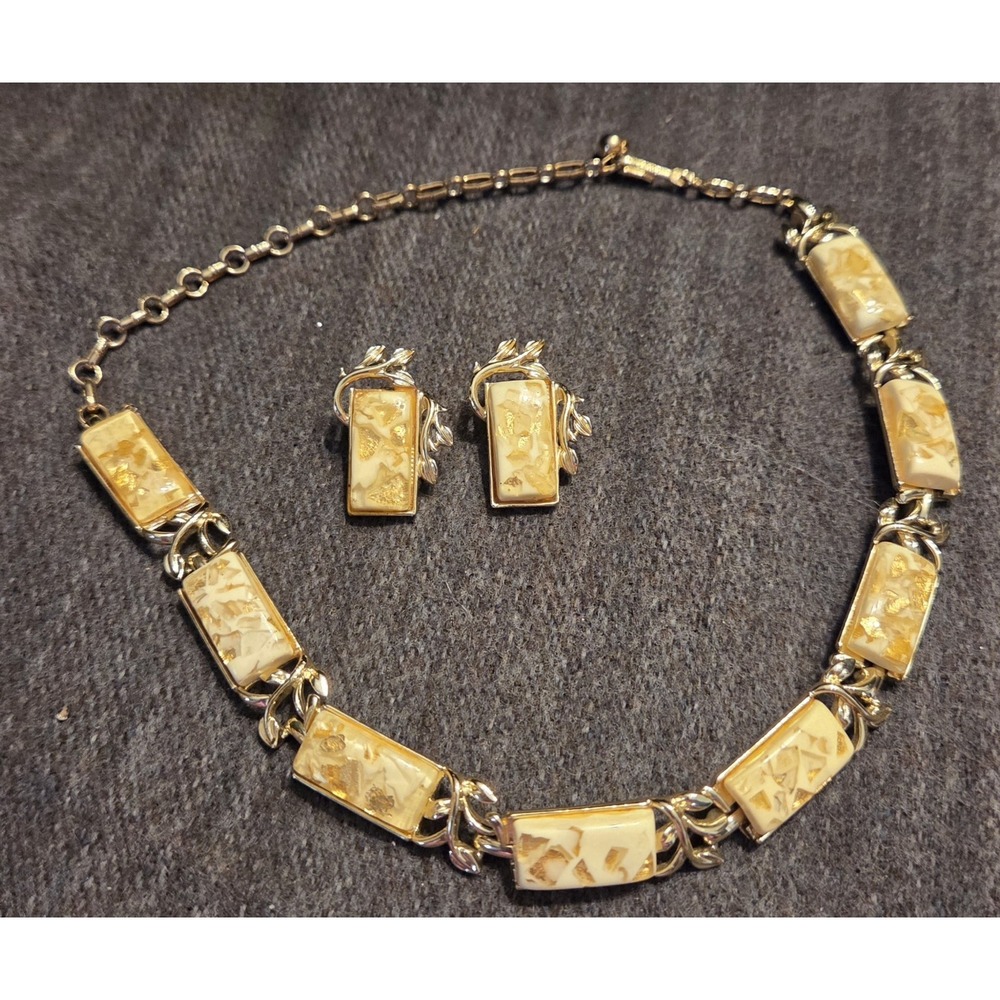 Vintage Coro Lucite Necklace & Earrings Set Gold Tone Foil-Inclusion Mid Century